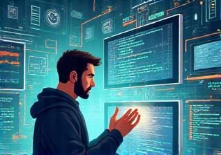 Illustration of a developer working with code.